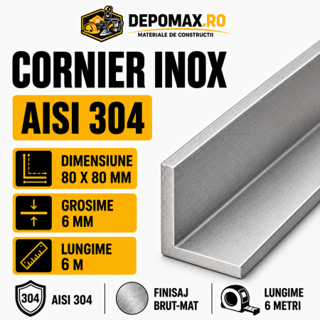 Cornier inox AISI 304, 80 x 80 x 6 mm, 6 metri